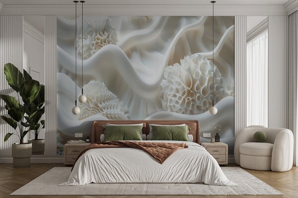 Fototapety Abstraktní vlnité pozadí bílých tvarů v 3D stylu, Fototapety 3D, Fototapety 3d květiny, w01475 : uwalls.cz