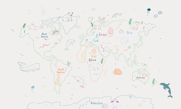 Fototapety Mapa světa a roztomilá zvířátka, Fototapety dětské, w01502v1 : uwalls.cz