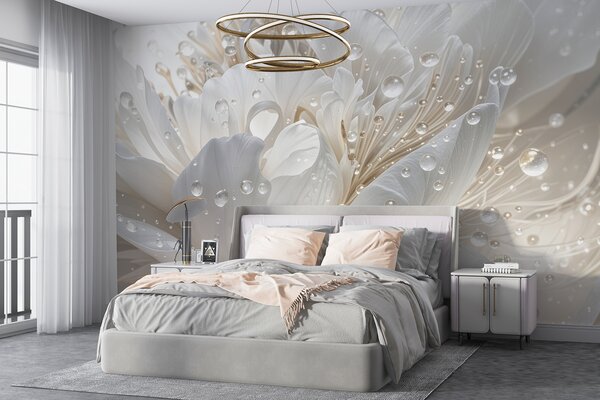 Fototapety Detailní záběr bílého květu pivoňky s jemnými okvětními lístky a kapkami vody, Fototapety 3D, Fototapety 3d květiny, w08262 : uwalls.cz