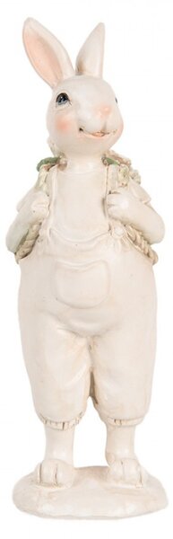 Velikonoční figurka veselý zajíc v lacláčích s nůší květin na zádech – 17 cm