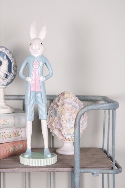 Modrá figurka bílý zajíček na zeleném podstavci – 10x40 cm