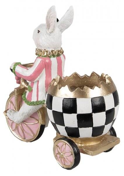 Dekorace soška králíčka na tříkolce s černo-bílou nádobou na vajíčko – 20x11x19 cm