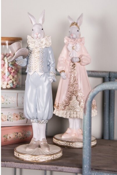 Modrá figurka elegantní zajíc v širokých kalhotách s kloboukem – 31 cm