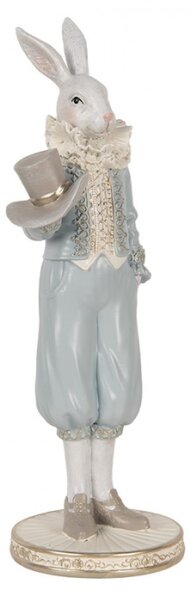 Modrá figurka elegantní zajíc v širokých kalhotách s kloboukem – 31 cm