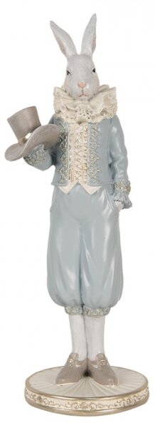 Modrá figurka elegantní zajíc v širokých kalhotách s kloboukem – 31 cm