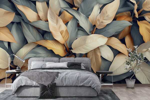 Fototapety Tropické rostliny v růžových a béžových barvách, Fototapety 3D, Fototapety 3d listí, w01586v1 : uwalls.cz