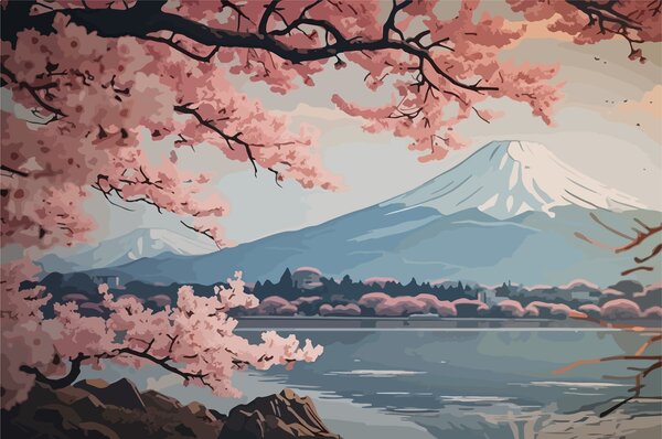 Fototapety Sakura, hory, akvarel, Fototapety příroda, w01664 : uwalls.cz