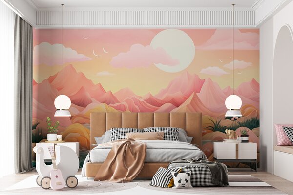 Fototapety Fantastická pastelově zbarvená krajina s jemně růžovými a broskvovými horami, Fototapety akvarel, w01656 : uwalls.cz