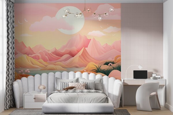 Fototapety Fantastická pastelově zbarvená krajina s jemně růžovými a broskvovými horami, Fototapety akvarel, w01656 : uwalls.cz