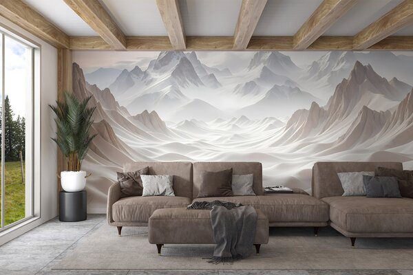 Fototapety Zasněžené vrcholky hor vystupující z mlhavé, éterické krajiny s kopci a údolími, Fototapety příroda, w08313 : uwalls.cz