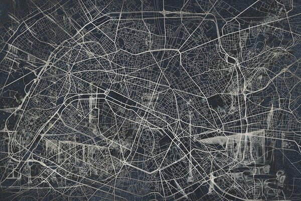Fototapety Mapa Paříže, liniová kresba, architektura, Francie, tmavé barvy, Fototapety mapy světa, w01697v1 : uwalls.cz