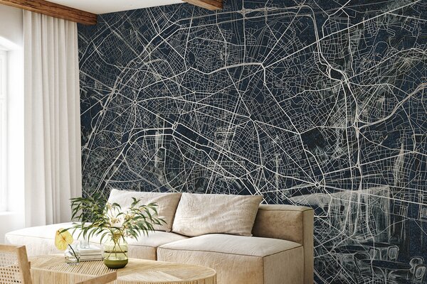 Fototapety Mapa Paříže, liniová kresba, architektura, Francie, tmavé barvy, Fototapety mapy světa, w01697v1 : uwalls.cz