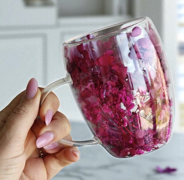 JAKS Dvoustěnná termo sklenice s květy uvnitř 300 ml Ruby