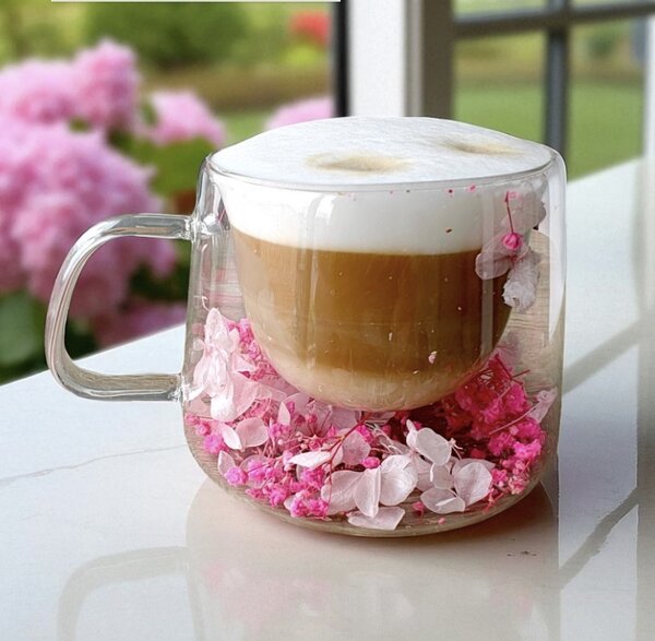JAKS Dvoustěnná termo sklenice s květy hortenzie 180 ml Rosia