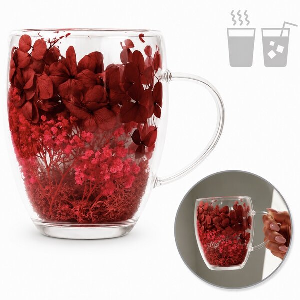 JAKS Dvoustěnná termo sklenice s květy uvnitř 300 ml Ruby
