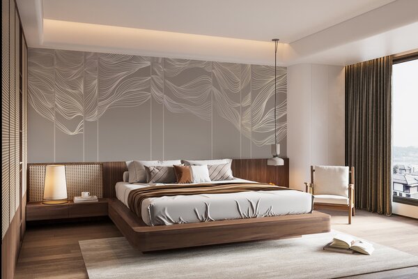 Fototapety Plynoucí bílé abstraktní vlny na světle hnědém pozadí, Fototapety designové, w08263 : uwalls.cz