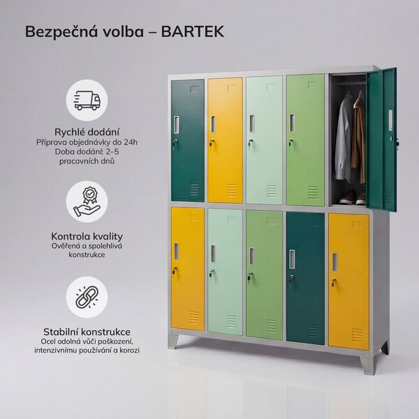 Skříň OBP oděvní 10-dveřová šedo-zeleno-žlutá: BARTEK 1360 x 1720 x 450 mm