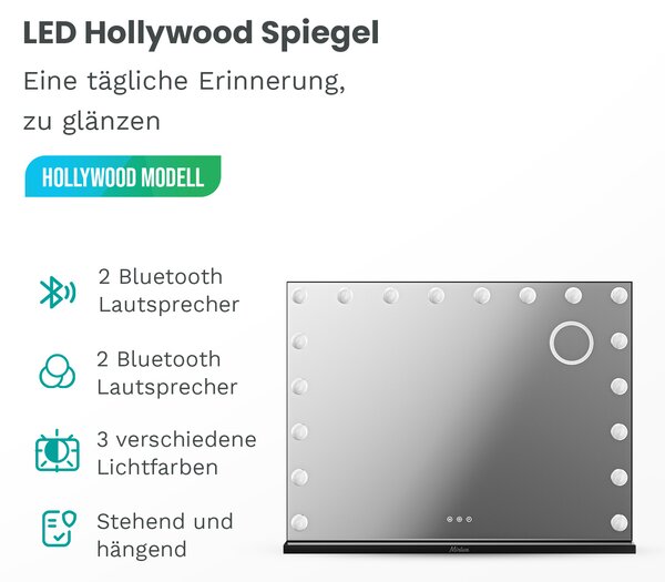 Zrcadlo Mirlux Hollywood, rozměry 80 x 60 cm, barva černá, s Bluetooth reproduktorem