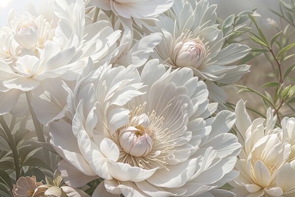 Fototapety Detailní záběr na velké, jemné bílé květy pivoněk s měkkými, nadýchanými okvětními lístky a, Fototapety květiny, w08325 : uwalls.cz