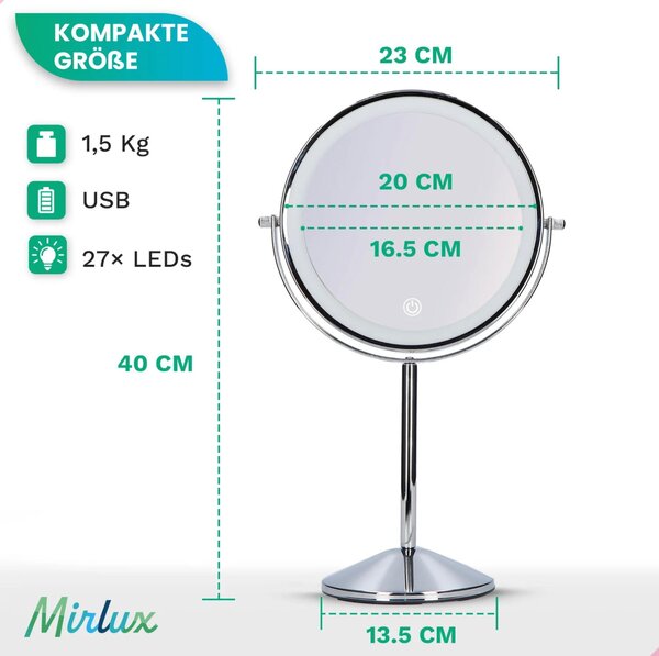 Zrcadlo s LED osvětlením pro líčení, stojací, s nastavitelným zvětšením 1-10x, chromové provedení, s možností dobíjení