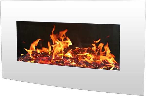 Elektrický krb – Nástěnný elektrický krb s LED efektem plamene, bílý, 2000 W, 90 x 55 cm – dálkové ovládání – topný výkon 2000 W