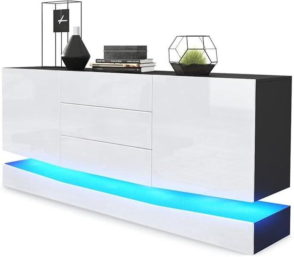 Komoda Sideboard City, vyrobeno v Německu, černá matná barva/bílý lesk, včetně LED osvětlení - Moderní komoda do obývacího pokoje (178 x 72 x 38 cm)