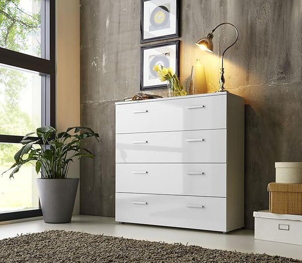 Komoda/Servantka Marbella s třemi zásuvkami, vysoký lesk, bílá barva - výška 91 cm, šířka 88 cm, hloubka 32 cm
