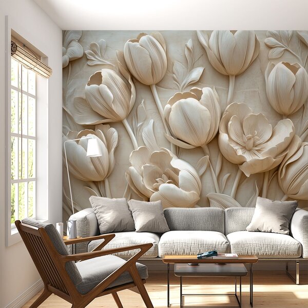 Fototapety 3D květinové umění s půvabnými tulipány v béžové barvě, Fototapety 3D, Fototapety 3d květiny, w01851 : uwalls.cz