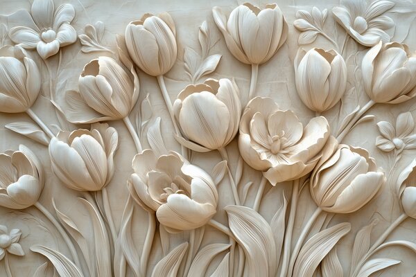 Fototapety 3D květinové umění s půvabnými tulipány v béžové barvě, Fototapety 3D, Fototapety 3d květiny, w01851 : uwalls.cz