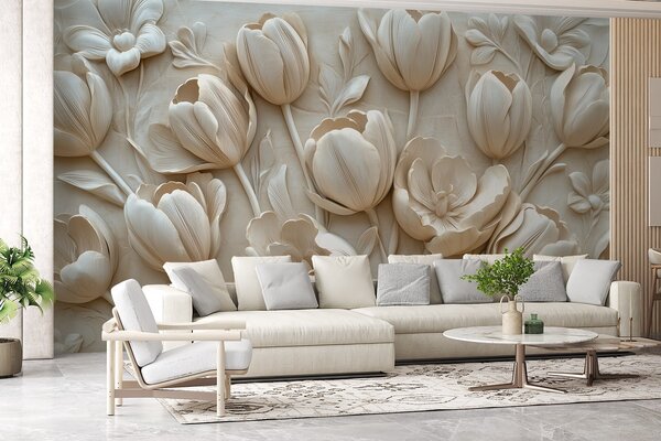 Fototapety 3D květinové umění s půvabnými tulipány v béžové barvě, Fototapety 3D, Fototapety 3d květiny, w01851 : uwalls.cz