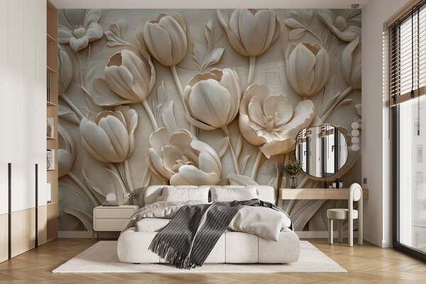 Fototapety 3D květinové umění s půvabnými tulipány v béžové barvě, Fototapety 3D, Fototapety 3d květiny, w01851 : uwalls.cz