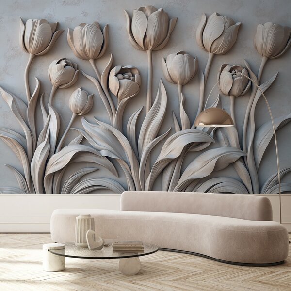 Fototapety Květinové umění s krásnými tulipány v šedé barevné paletě, Fototapety 3D, Fototapety 3d květiny, w01852v1 : uwalls.cz