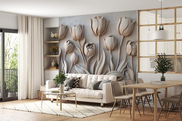 Fototapety Květinové umění s krásnými tulipány v šedé barevné paletě, Fototapety 3D, Fototapety 3d květiny, w01852v1 : uwalls.cz