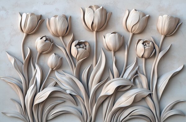Fototapety Květinové umění s krásnými tulipány v šedé barevné paletě, Fototapety 3D, Fototapety 3d květiny, w01852v1 : uwalls.cz