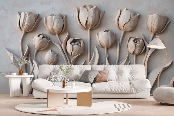 Fototapety Květinové umění s krásnými tulipány v šedé barevné paletě, Fototapety 3D, Fototapety 3d květiny, w01852v1 : uwalls.cz