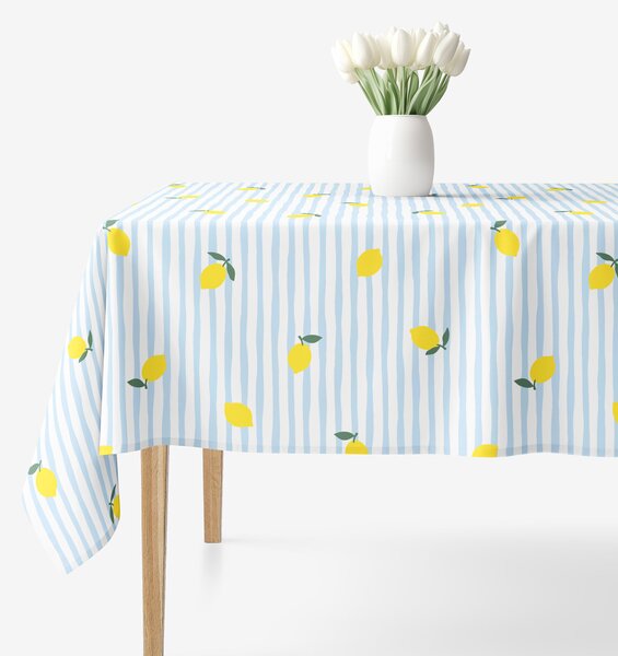 Goldea hranatý ubrus 100% bavlněné plátno - svěží citrony s proužky 140 x 220 cm