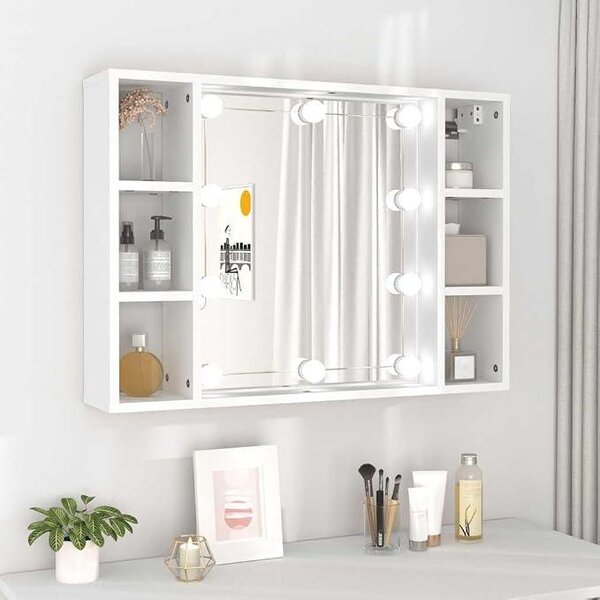 Zrcadlová skříňka s LED osvětlením, bílá, vyrobená z dřevovláknité desky, rozměry 76x15x55 cm, s 6 přihrádkami, USB portem, určená k montáži na zeď, vhodná do koupelny i obývacího pokoje, úsporná z hlediska prostoru, s velkým úložným prostorem
