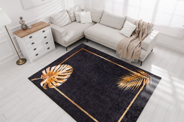 Makro Abra Kusový koberec pratelný MIRO 51518.805 Listí pogumovaný černý zlatý Rozměr: 160x220 cm