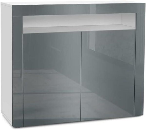 Komoda Valencia, vyrobeno v Německu, komoda s 2 dvířky a 1 otevřenou policí, barva: matná bílá/lesklá šedá/lesklá šedá (108 x 92 x 40 cm)