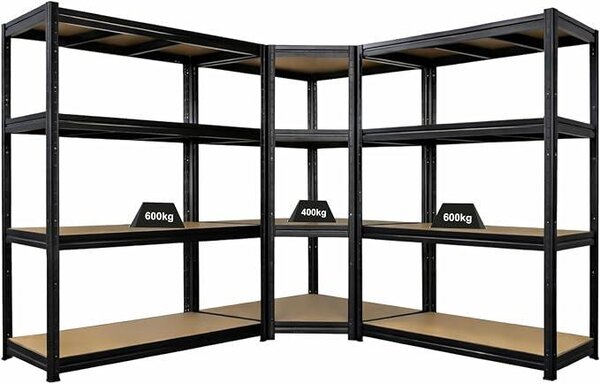 Mega nabídka: 1x rohový regál 180x90x60 cm a 2x regál pro těžké náklady 180x160x60 cm, černý, nosnost police 400 kg, stojací, kovový, regál do skladu, regál do sklepa, modulární regál, regál do garáže