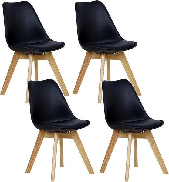 Jídelní židle, sada 4 kusů, skandinávský design, retro styl, sedák z umělé kůže, nohy z masivního dřeva, nosnost do 150 kg, barva černá