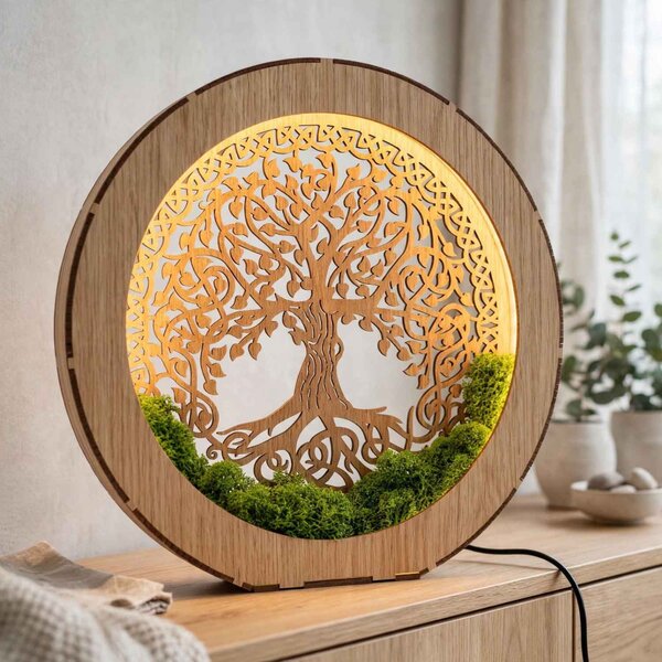 Stolní lampa Strom života s mechem | ZIVENA: HDF - Ořech 20 cm 4785-115180 LED0610-20-WALNUT