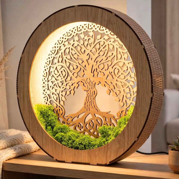 Stolní lampa Strom života s mechem | ZIVENA: HDF - Ořech 20 cm 4785-115180 LED0610-20-WALNUT