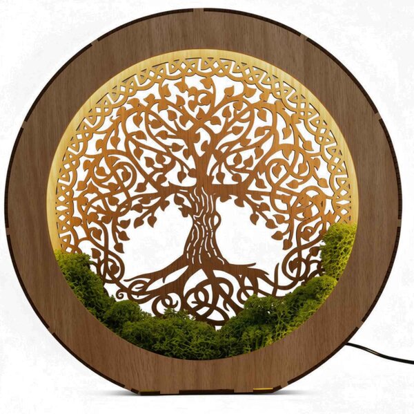 Stolní lampa Strom života s mechem | ZIVENA: HDF - Ořech 20 cm 4785-115180 LED0610-20-WALNUT