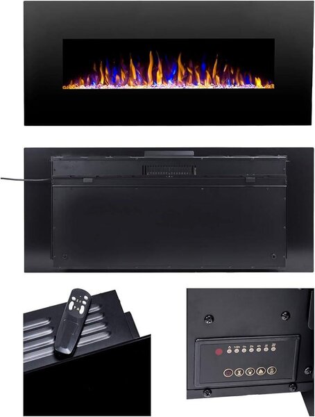 Elektrický krb, skleněný panel, nástěnná instalace, topení, elektrický krb, montáž na zeď, LED plamen s možností změny barvy, více dekorativních možností, dálkové ovládání, výška 152 cm, černá barva
