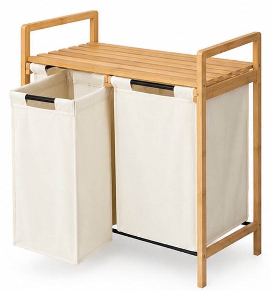 Koš na prádlo, 2 vaky, 46 l, bambus/látka, 71x63x33 cm, přírodní/krémová, Dekorino KP20260009
