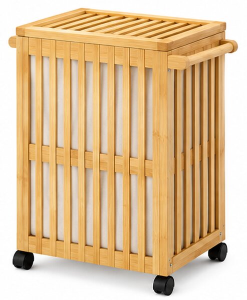 Koš na prádlo, 2x80 l, kolečka, bambus/látka, 71x43x43 cm, přírodní/krémová, Dekorino KP20260008