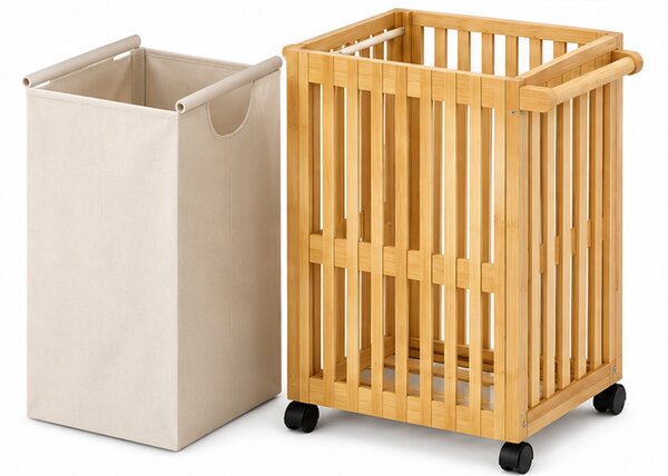 Koš na prádlo, 2x80 l, kolečka, bambus/látka, 71x43x43 cm, přírodní/krémová, Dekorino KP20260008