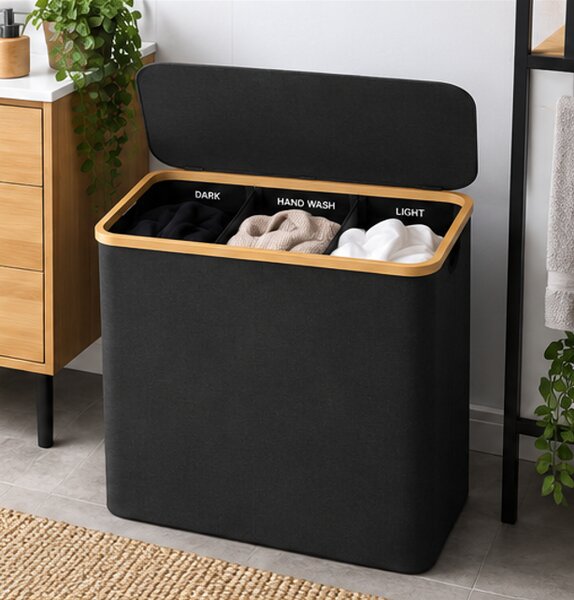 Koš na prádlo, objem 180+ l, s víkem, 3 odnímatelné tašky, látka/bambus, 75x58x40 cm, černá/přírodní, Dekorino KP20260004