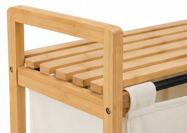 Koš na prádlo, 2 vaky, 46 l, bambus/látka, 71x63x33 cm, přírodní/krémová, Dekorino KP20260009